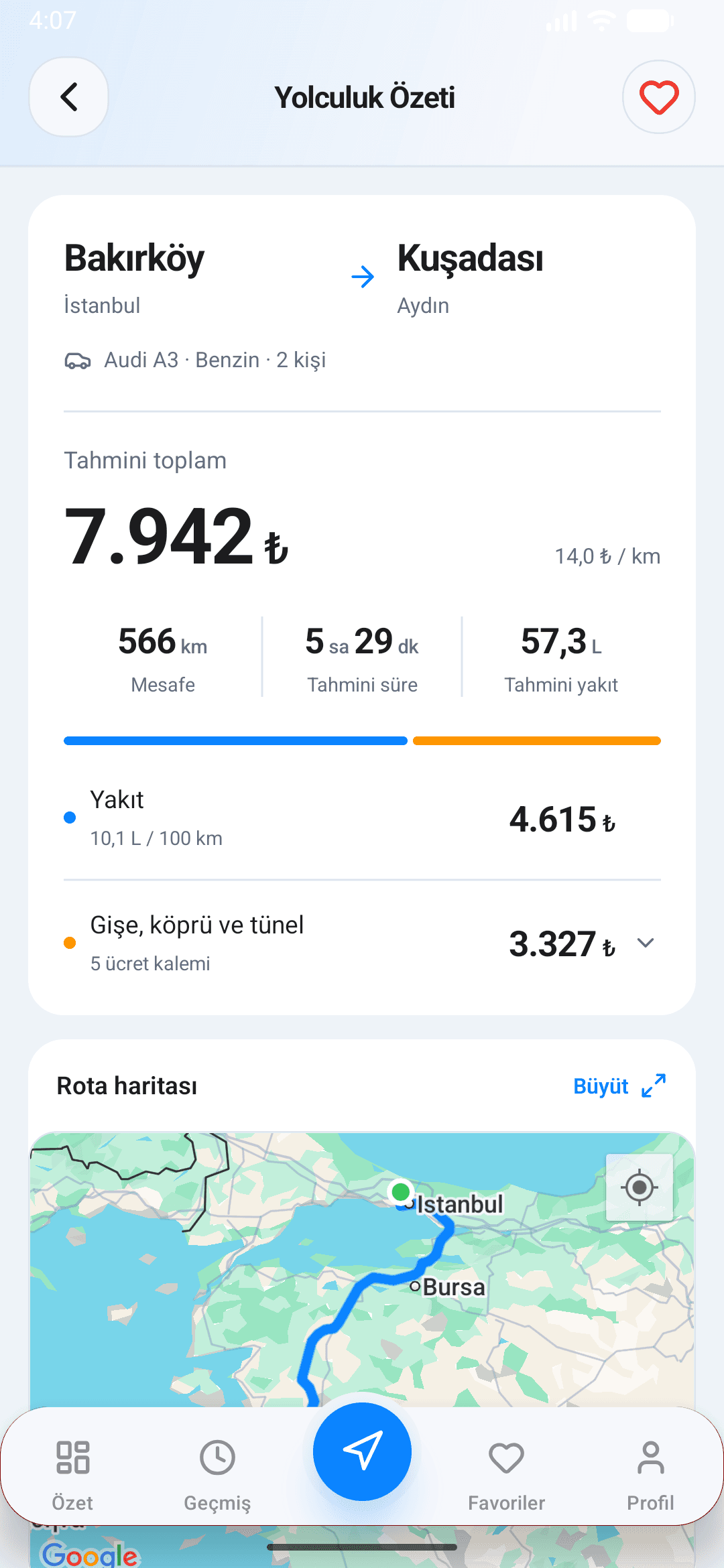 Bakırköy–Kuşadası örnek yolculuk özeti. Tahmini toplam 7.942 TL; yakıt 4.615 TL, geçiş ücretleri 3.327 TL.